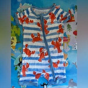Little Sleepies Blue and White Romper with Red Lobster Print